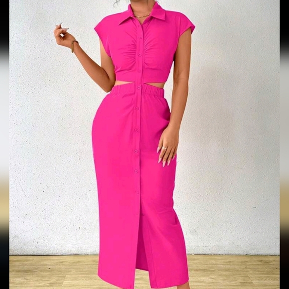 Summer Casual Solid Color V-Neck Waist-Revealing Button-Front Shirt Dress - Picture 2 of 4